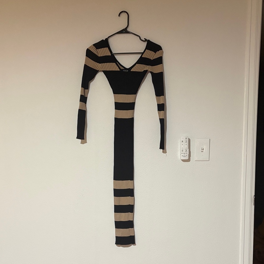 Fashion Nova Black and Tan Striped Long-Sleeve Bodycon Dress
